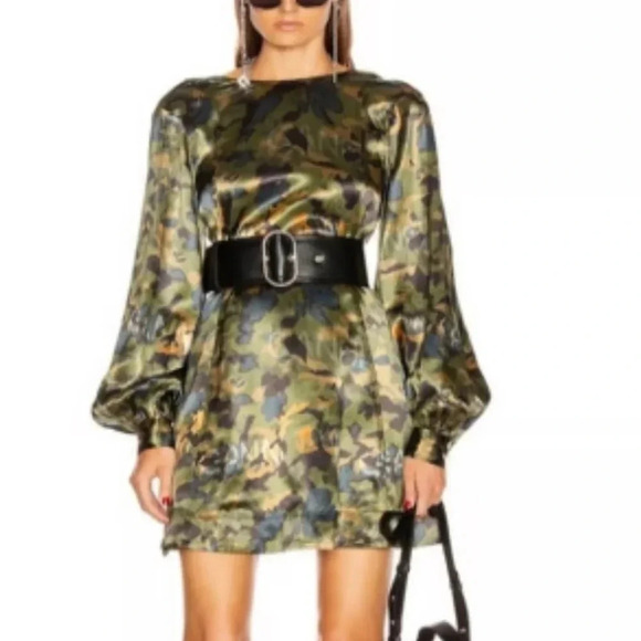 NWT GANNI Heavy Satin Printed Logo Short Dress Size 44 (US 10/12) Olive  *read - Picture 5 of 16